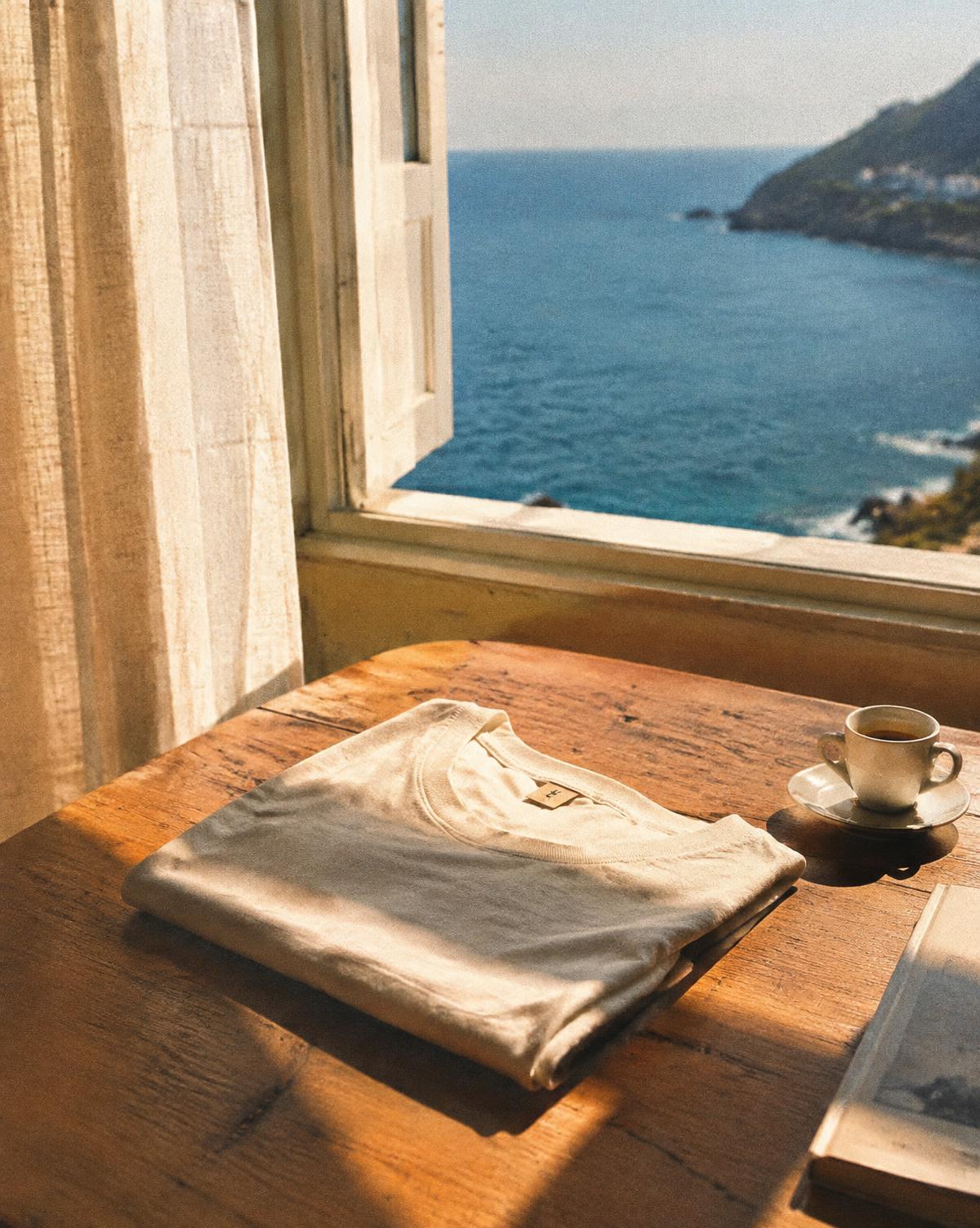 Cream T-shirt by a sea-view window